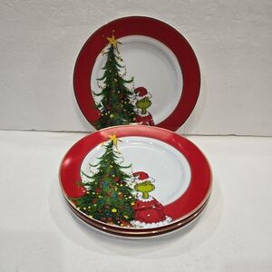 Dr Seuss Grinch Salad Plates Set of 4 Christmas Holiday Red Gold Rim